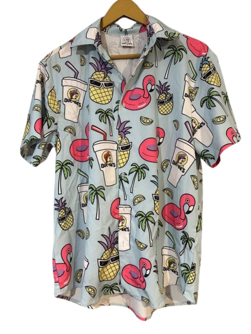 Buc-ee’s Beaver Flamingo Pineapple Shirt S Tropical Hawaiian Blue Graphic